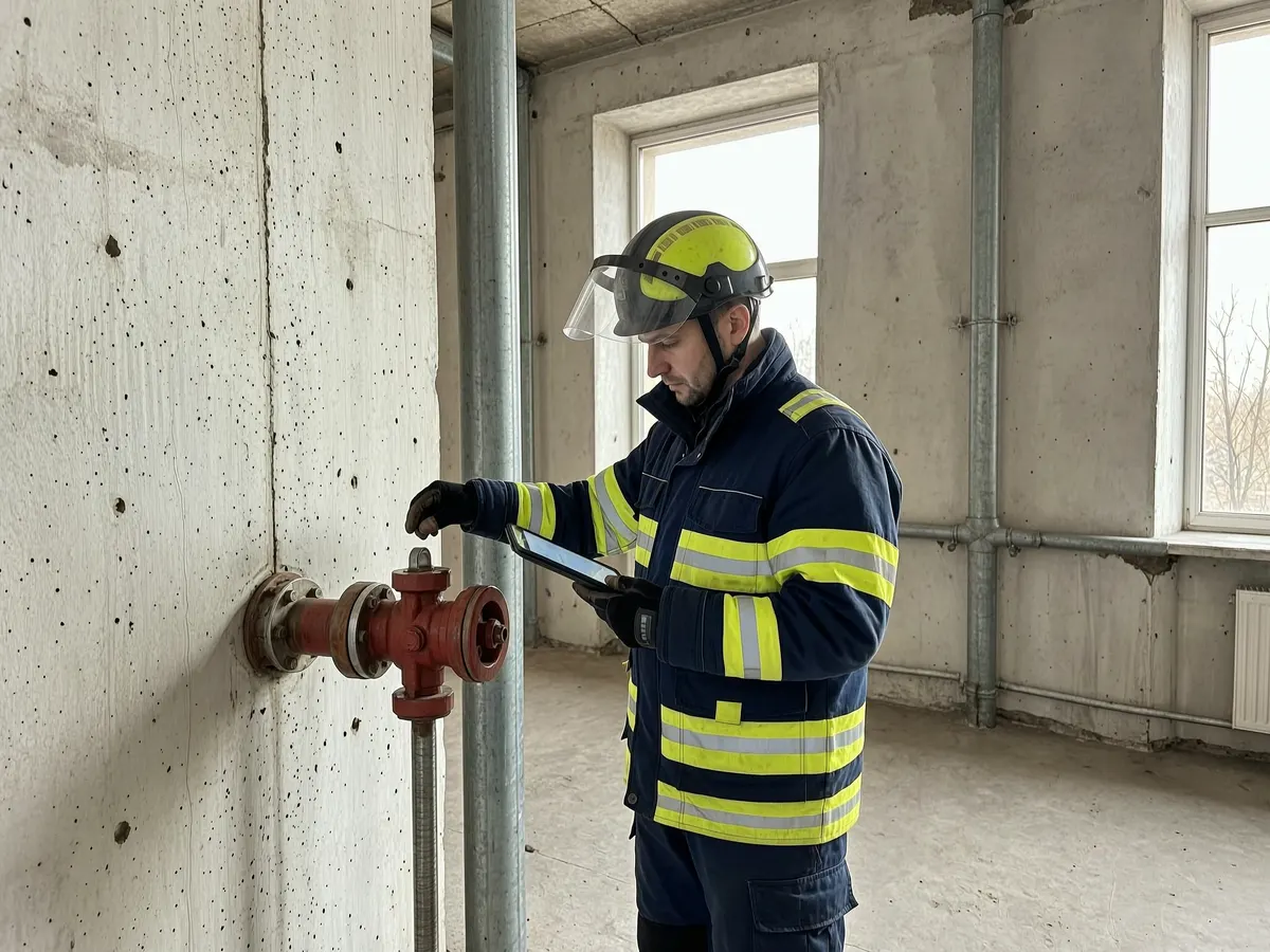Technik z narzędziami przy instalacji hydrantowej